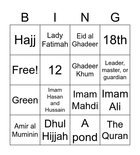 Eid Al Ghadeer Bingo Card