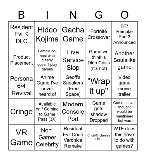 Summer Game Fest 2026 Bingo Card