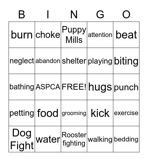 Animal Abuse Bingo Card