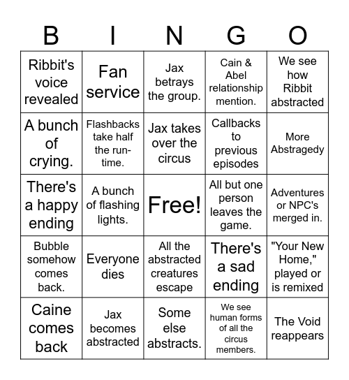 The Amazing Digital Circus Episode Finale Bingo Card