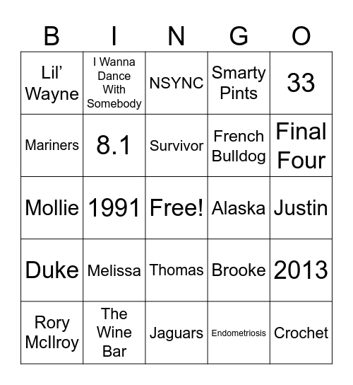 Jamie’s 35 Going on 70 Bingo Card