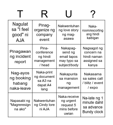Are you a TRU employee? Bingo Card