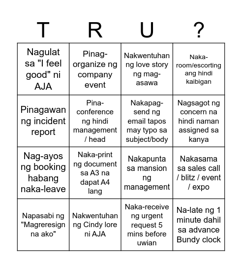 Are you a TRU employee? Bingo Card