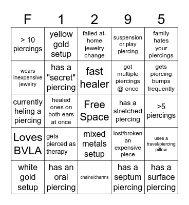 Piercing Bingo Card
