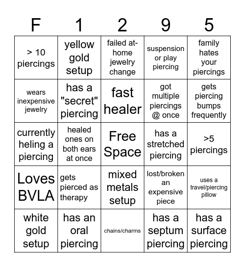 Piercing Bingo Card
