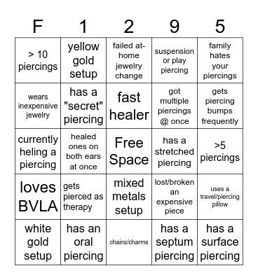 Piercing Bingo Card