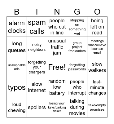 Annoying Things Bingo Card