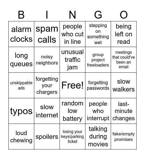 Annoying Things Bingo Card