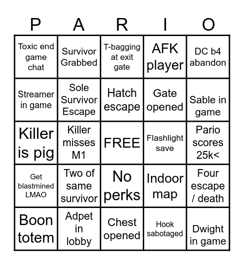 Pario Bingo Card