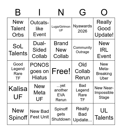 Battle Cats 2026 (June - December) Bingo Card