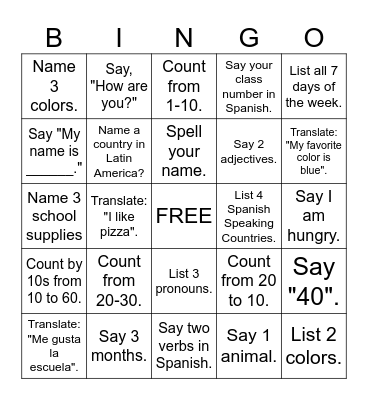 Spanish Bingo Card