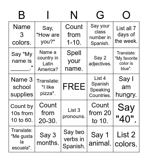 Spanish Bingo Card