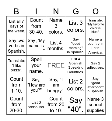 Spanish Bingo Card