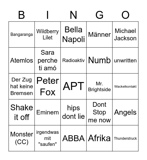 Songs die beim Sommerfest gespielt werden Bingo Card
