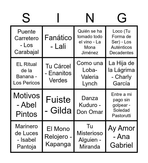 Bingo Musical Bingo Card