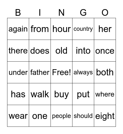 Sight Words Bingo Card