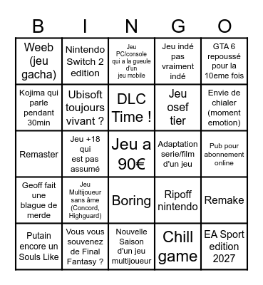 Summer Game Fest 2026 Bingo Card