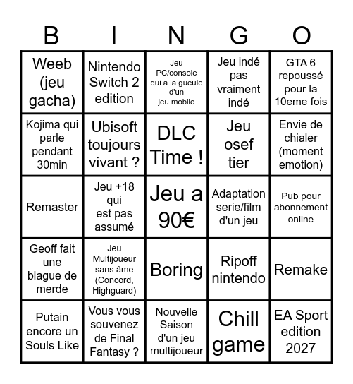 Summer Game Fest 2026 Bingo Card