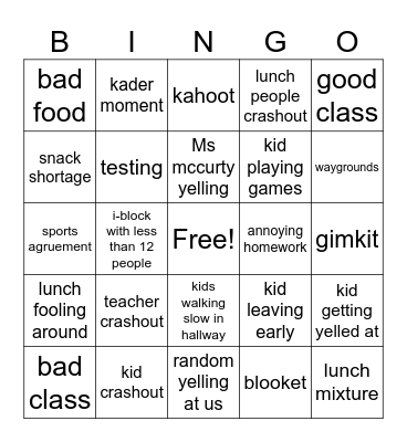 school bingo Card