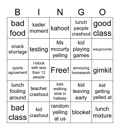 school bingo Card