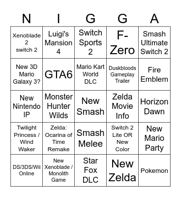 Nintendo Direct Prediction Bingo Card