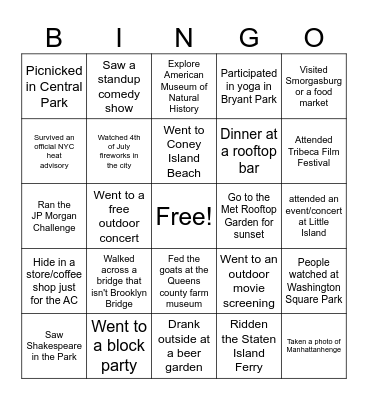 NYC Summer Bingo Card