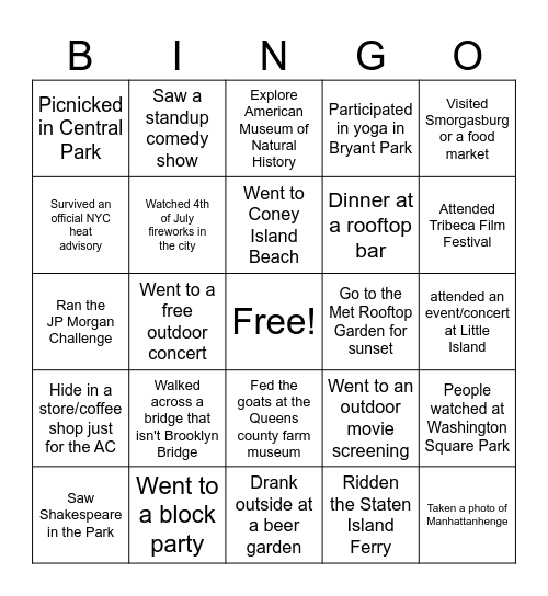 NYC Summer Bingo Card
