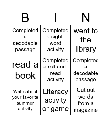 Summer Chart Bingo Card