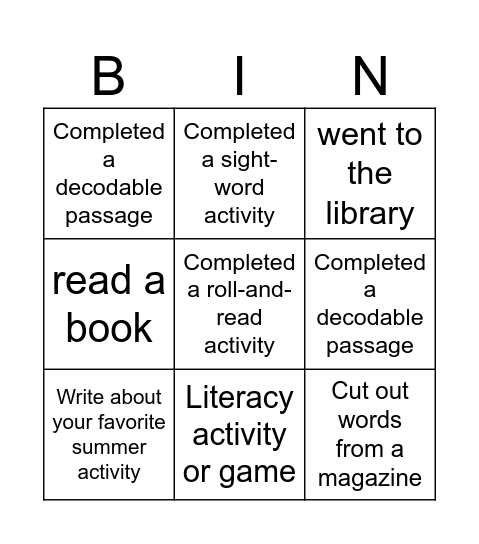 Summer Chart Bingo Card