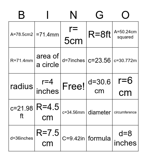 area of a circle Bingo Card