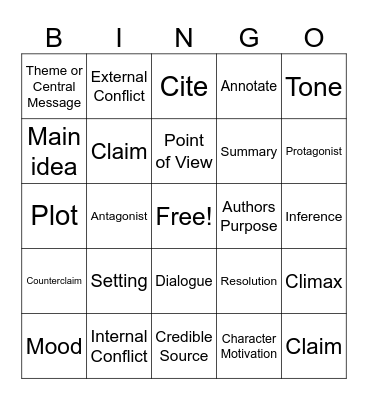 ELA Vocabulary Bingo Card