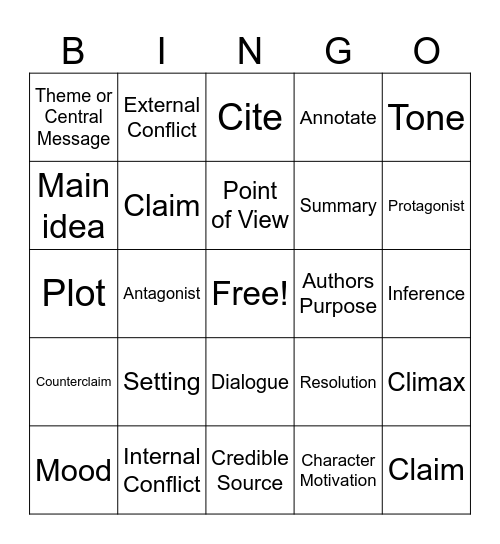 ELA Vocabulary Bingo Card
