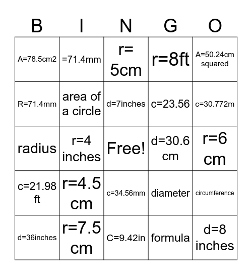 area of a circle Bingo Card