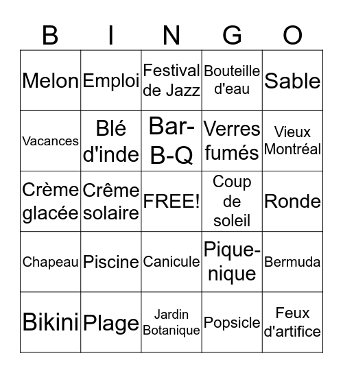Période Estivale Bingo Card