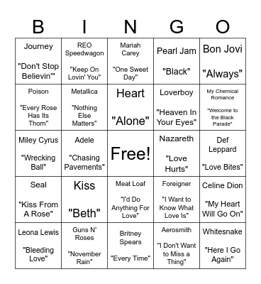 🕯️🌹 Power Ballads ✊💥 Bingo Card