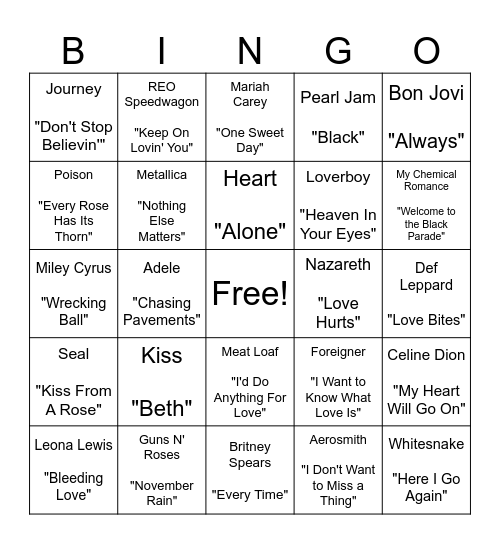 🕯️🌹 Power Ballads ✊💥 Bingo Card