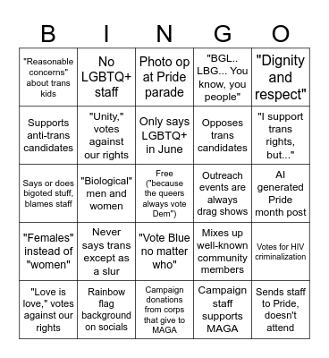 Fake Ally Politician Bingo Card