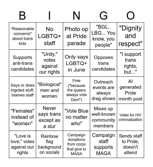 Fake Ally Politician Bingo Card