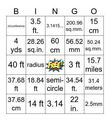 Radius and Diameter (and more)  Bingo Card