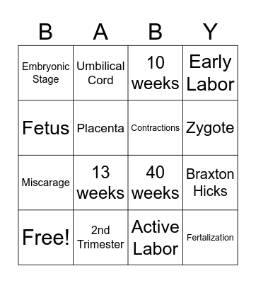 Pregnancy Bingo Card