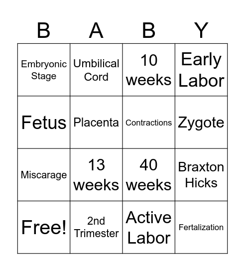 Pregnancy Bingo Card