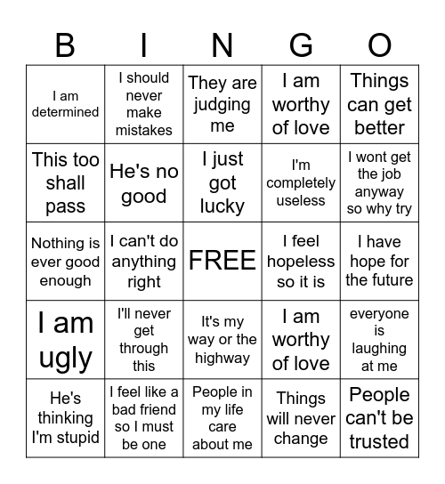 Stinking Thinking Bingo Card