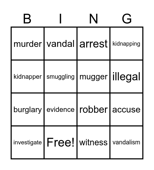 Crime Vocabulary Bingo Card