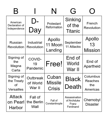 Major World Events Bingo Card