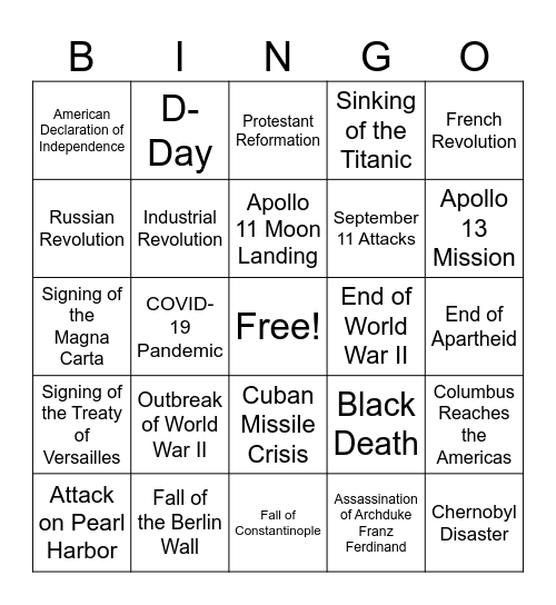 Major World Events Bingo Card