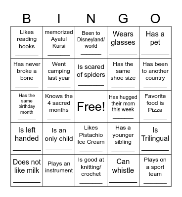 Get to know each other Bingo Card