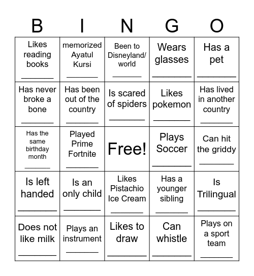 Get to know each other Bingo Card