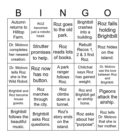 Wild Robot Escapes Challenge Bingo Card