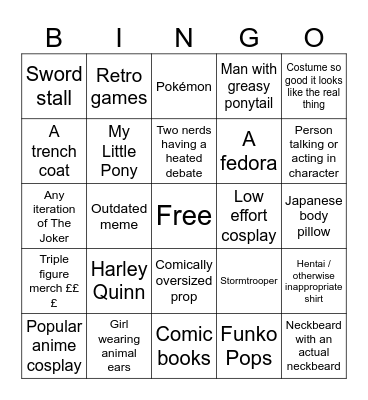 Comic Con Bingo Card