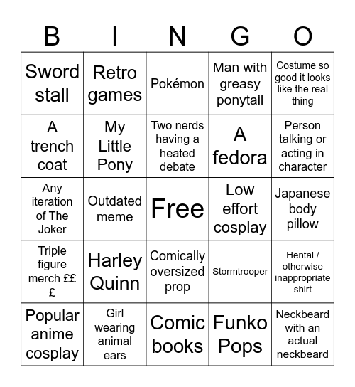 Comic Con Bingo Card